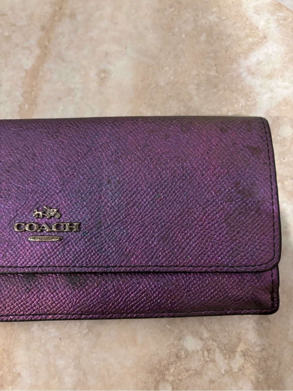 COACH Metallic oil slick Purple Leather long continental fold over snap Wallet - Picture 3 of 12